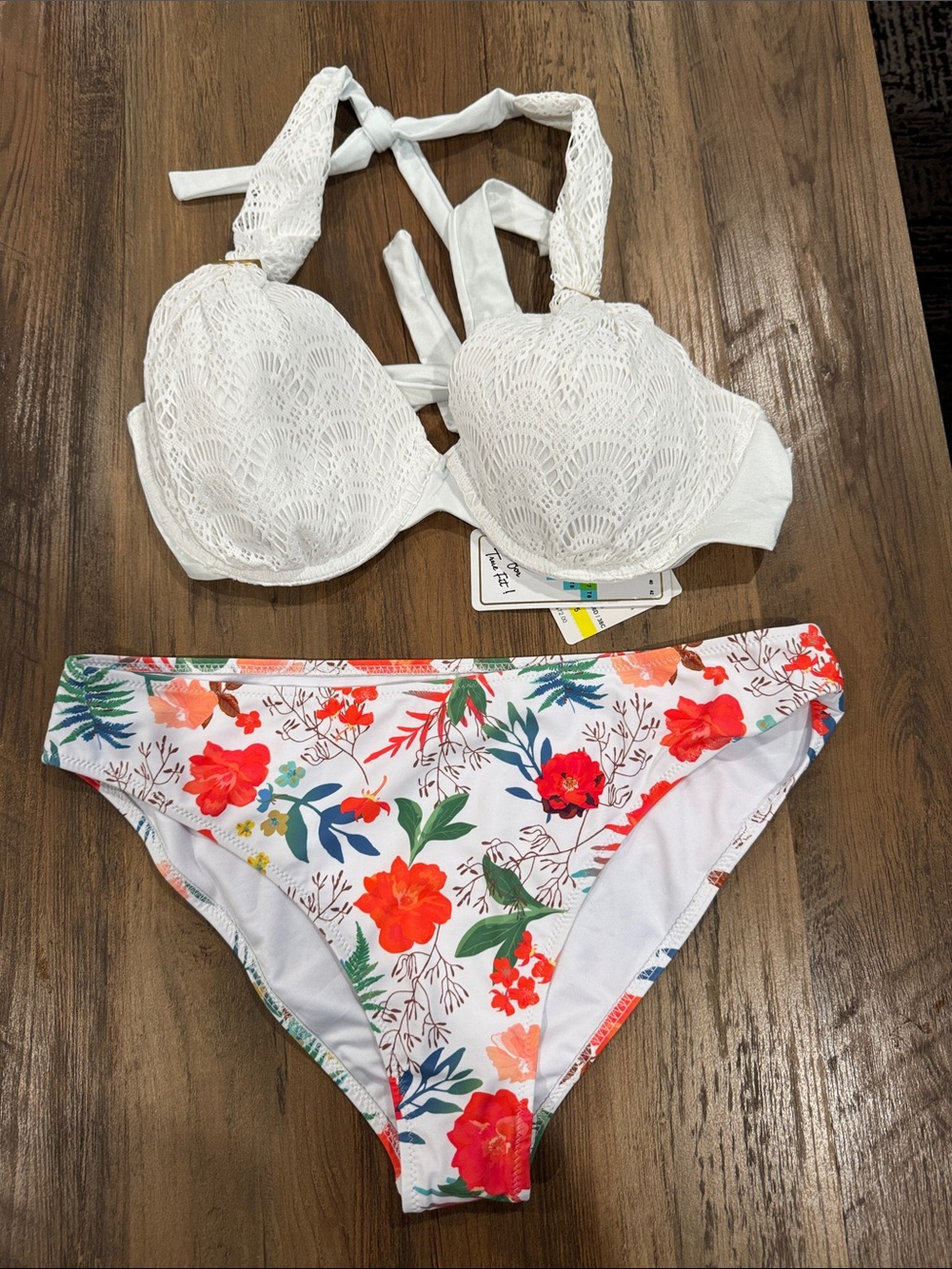 White Crochet Halter Bikini Top with Floral Bikini Bottoms